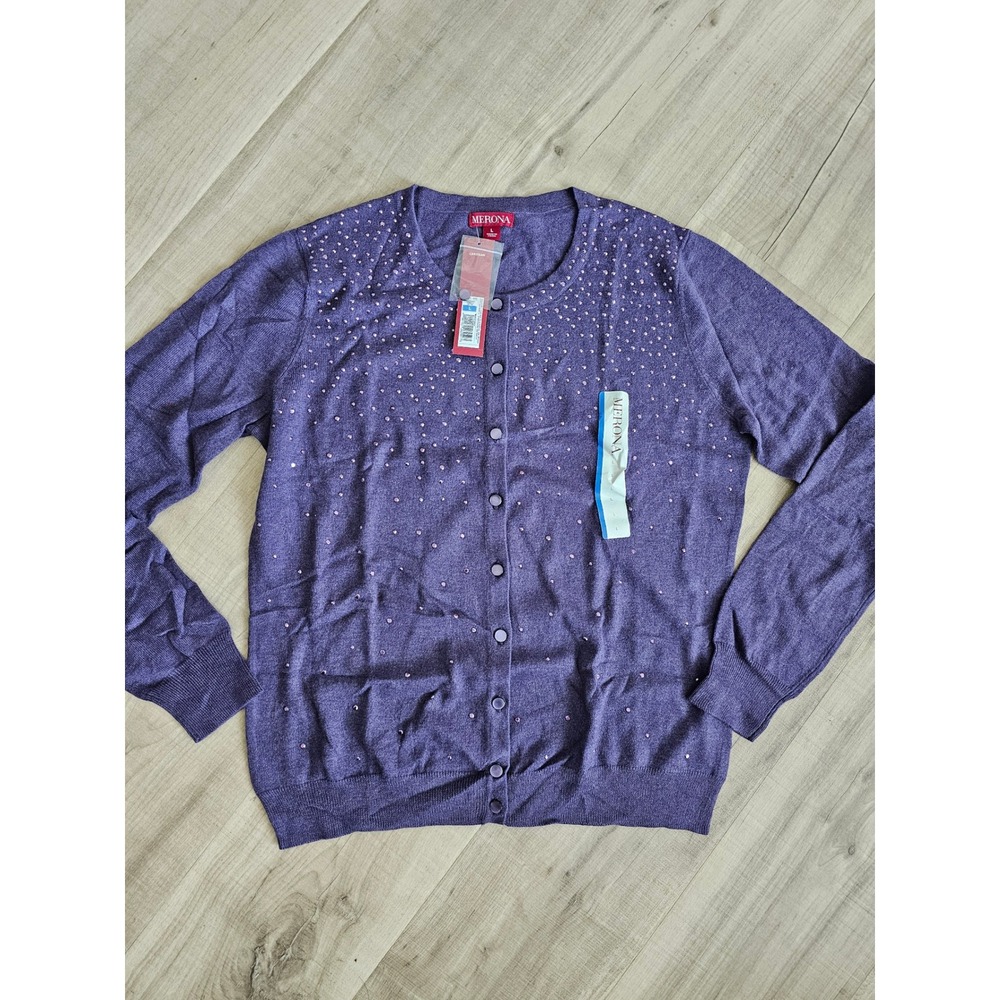 Merona Womens Purple Rhinestone Embellished Button Front Cardigan Sweater Size L